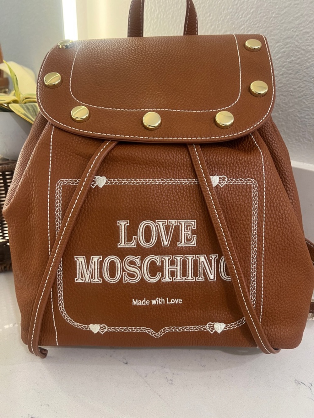 Love Moschino Tan/Brown Leatherette Studded Logo Backpack